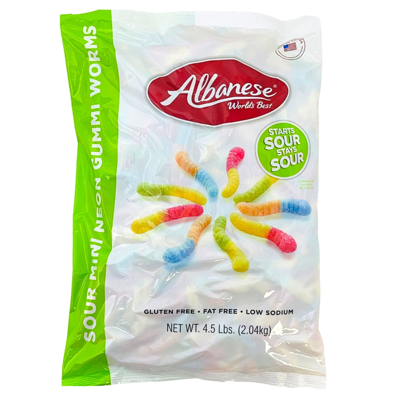 Albanese Sour Mini Neon Gummi Worms - 4.5lb - Albanese Sour Mini Neon Gummi Worms - Sour tummies - Mini Neon Gummi Worms - Albanese candy