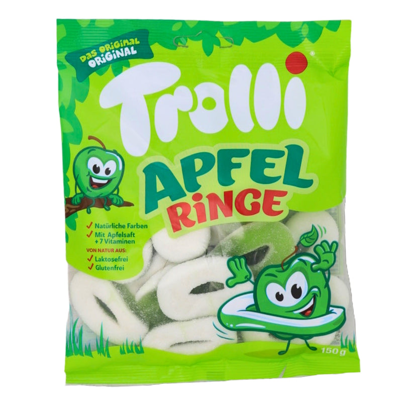 Trolli Applie Rings - 150g (Germany) - Trolli Apple Rings - German gummy candy - Green apple gummies - Chewy fruit rings - Tangy apple flavour - Imported candy from German - Fruit-flavoured gummy rings - Sweet and tangy candy - Trolli candy review - Apple-shaped gummies
