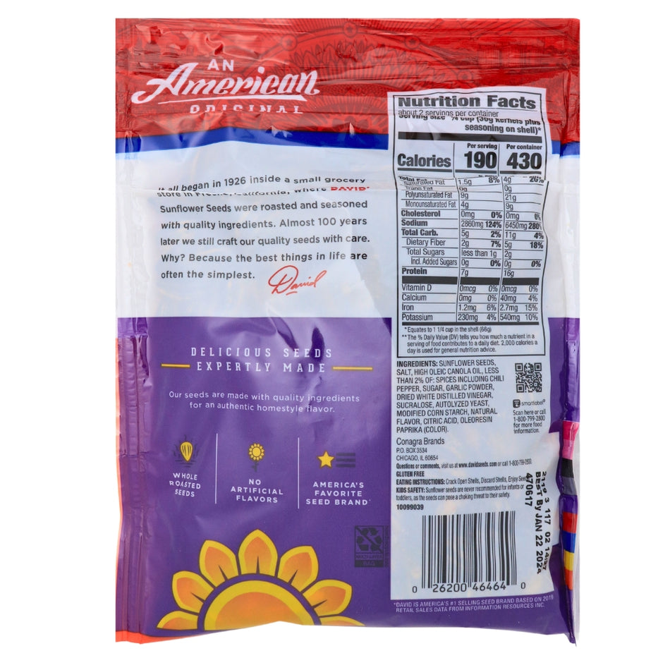 DAVID Sweet & Spicy Jumbo Sunflower Seeds - 5.25 oz Nutrition Facts Ingredients