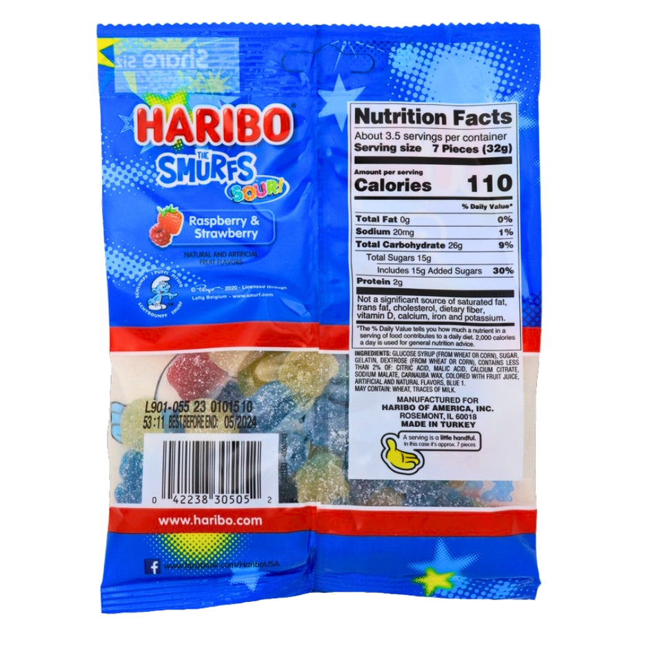 Haribo Smurfs Sour! Gummy Candy - 4oz. Nutrition Facts - Ingredients