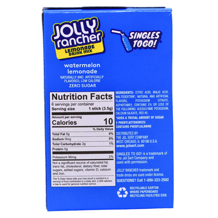 Singles to Go Jolly Rancher Watermelon Lemonade  Drink Mix -Nutrition Facts - Ingredients