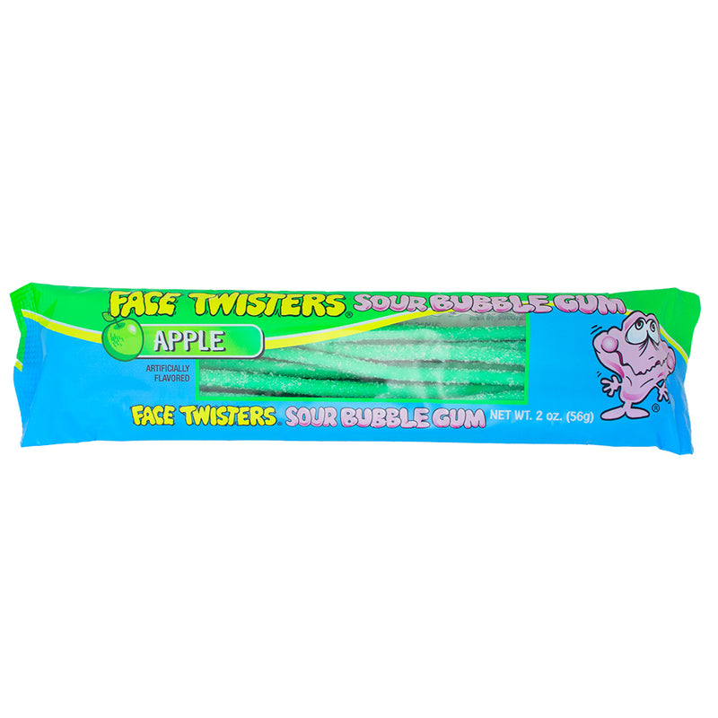 Face Twisters Sour Bubblegum Green Apple - 2oz - Face Twisters Sour Bubblegum - Green Apple flavour - Sour candy bubblegum - Tangy bubblegum - Chewy sour candy - Green apple sour sweets - Flavourful bubblegum - Sour apple treats - Bubblegum with a twist - Sour candy assortment