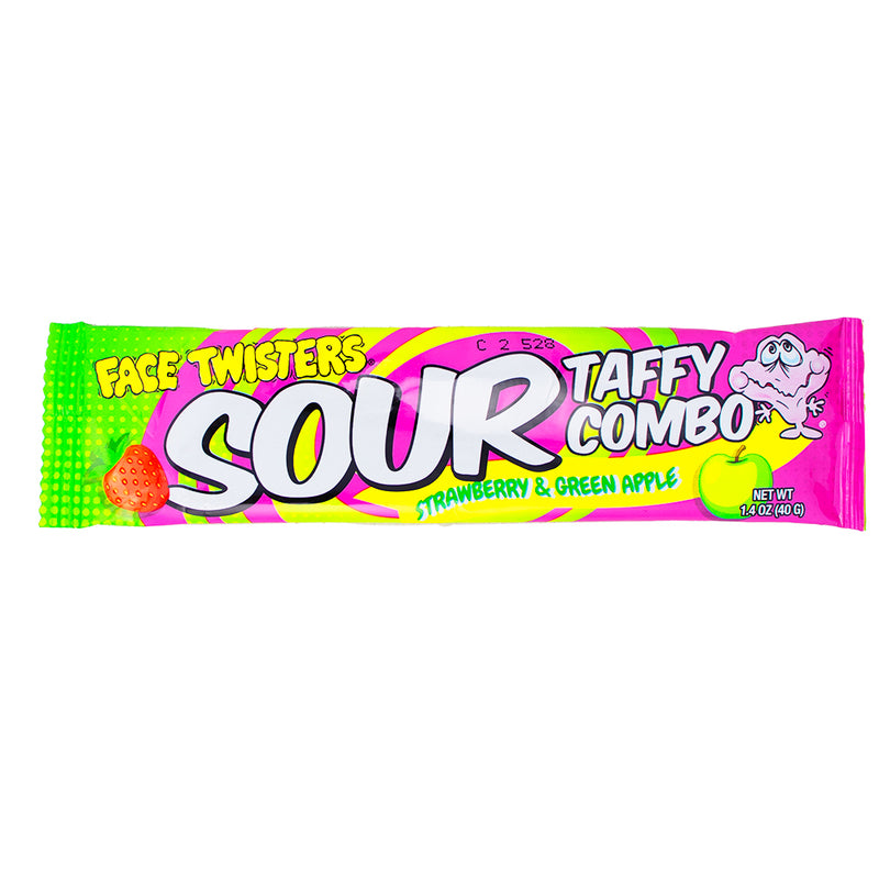 Face Twisters Sour Taffy Strawberry & Green Apple - 1.4oz - Face Twisters Sour Candy - Face Twisters Sour Taffy Strawberry & Green Apple - Sour Candy - Strawberry Candy - Green Apple Candy - Sour Strawberry Candy - Sour Green Apple Candy