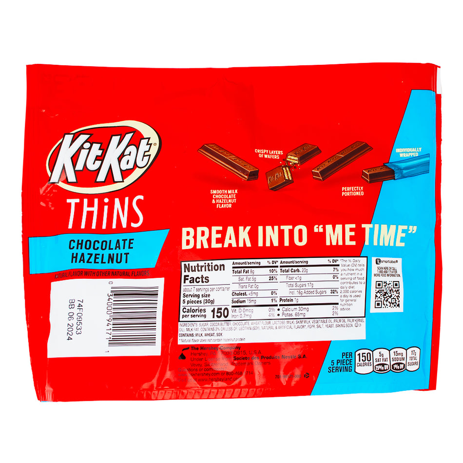 Kit Kat Thins Hazelnut Share Bag - 7.2oz Nutrition Facts Ingredients