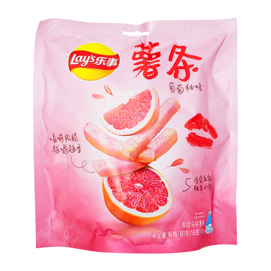 Lays Pink Grapefruit Fries 5 Pack (China) - 80g - Lay's Pink Grapefruit Fries - Citrusy potato chips - Chinese snack innovation - Zesty flavour explosion - Unique snacking experience - Crispy grapefruit fries - Bold snacking adventure - Irresistible citrus taste - Flavourful potato chip twist - Snack with a pop of zest - Lays - Lays Chips - Pink Grapefruit Lays