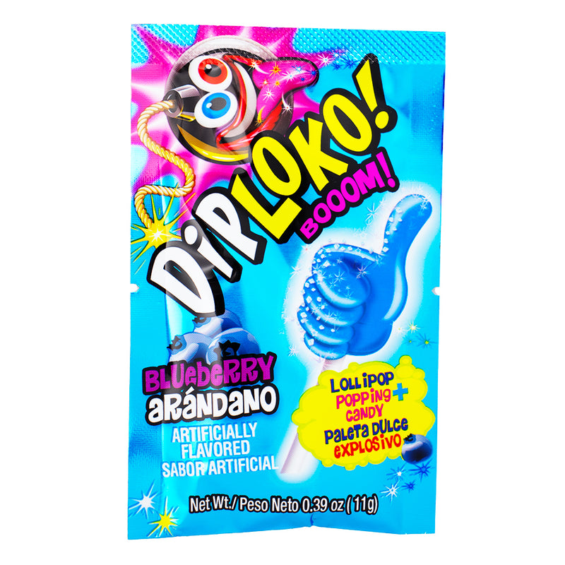 Dip Loko Blueberry Lollipop with Popping Candy - .39oz - Dip Loko Blueberry Lollipop - Popping Candy lollipop - Berry-flavoured candy - Juicy blueberry candy - Vibrant blue lollipop - Fruity candy treat - Sweet and crunchy lollipop - Delicious popping candy - Blueberry-flavoured lollipop - Fun candy experience