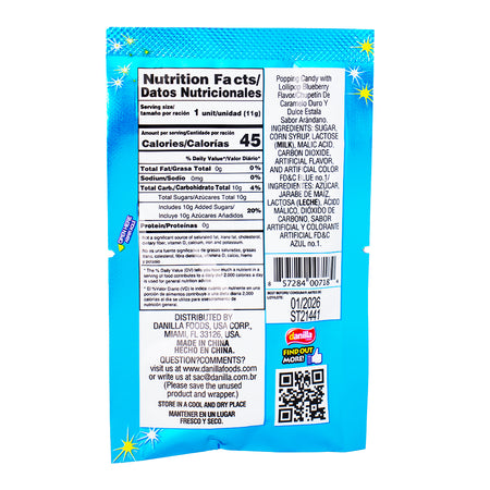 Dip Loko Blueberry Lollipop with Popping Candy - .39oz Nutrition Facts Ingredients - Dip Loko Blueberry Lollipop - Popping Candy lollipop - Berry-flavoured candy - Juicy blueberry candy - Vibrant blue lollipop - Fruity candy treat - Sweet and crunchy lollipop - Delicious popping candy - Blueberry-flavoured lollipop - Fun candy experience