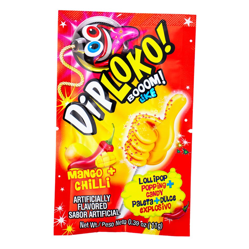 Dip Loko Mango Chili Lollipop with Popping Candy - .39oz - Dip Loko Mango Chili Lollipop - Mango chili lollipop - Popping candy lollipop - Spicy mango candy - Sweet and spicy lollipop - Tropical chili lollipop - Unique candy flavours - Exotic lollipop with popping candy - Flavourful lollipop with chili - Mango chili pop with popping candy