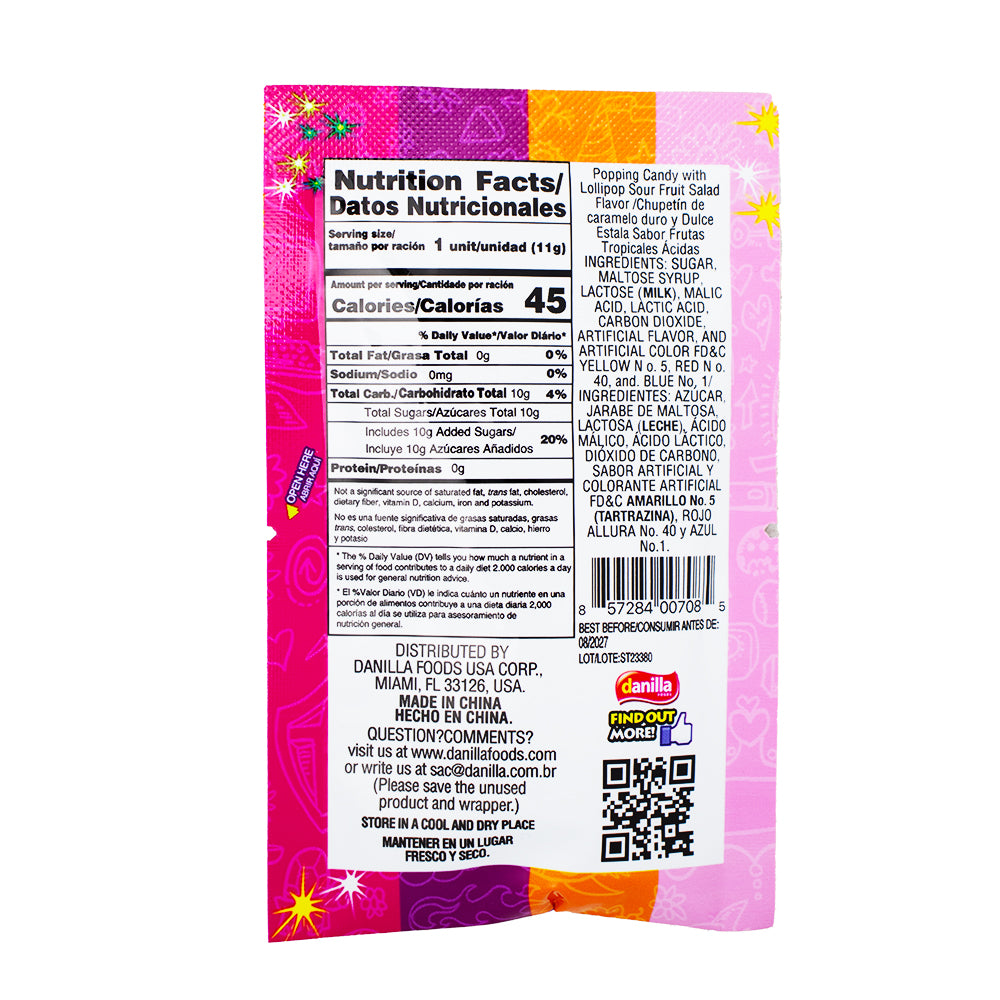 Dip Loko Sour Tropical Punch Lollipop with Popping Candy - .39oz Nutrition Facts Ingredients - Dip Loko Sour Tropical Punch Lollipop - Popping candy lollipop - Tropical punch candy - Sour candy with popping candy - Exotic flavour lollipop - Tropical fruit-flavoured candy - Sour and sweet candy - Lollipop with popping sensation - Tangy tropical punch treat - Candy adventure
