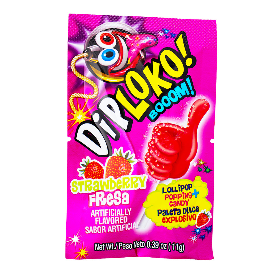 Dip Loko Strawberry Lollipop with Popping Candy - .39oz - Dip Loko Strawberry Lollipop - Popping candy lollipop - Strawberry-flavoured candy - Sweet and tangy treat - Strawberry lollipop with popping candy - Juicy strawberry flavour - Candy with popping sensation - Fun candy experience - Irresistible strawberry candy - Flavourful strawberry lollipop