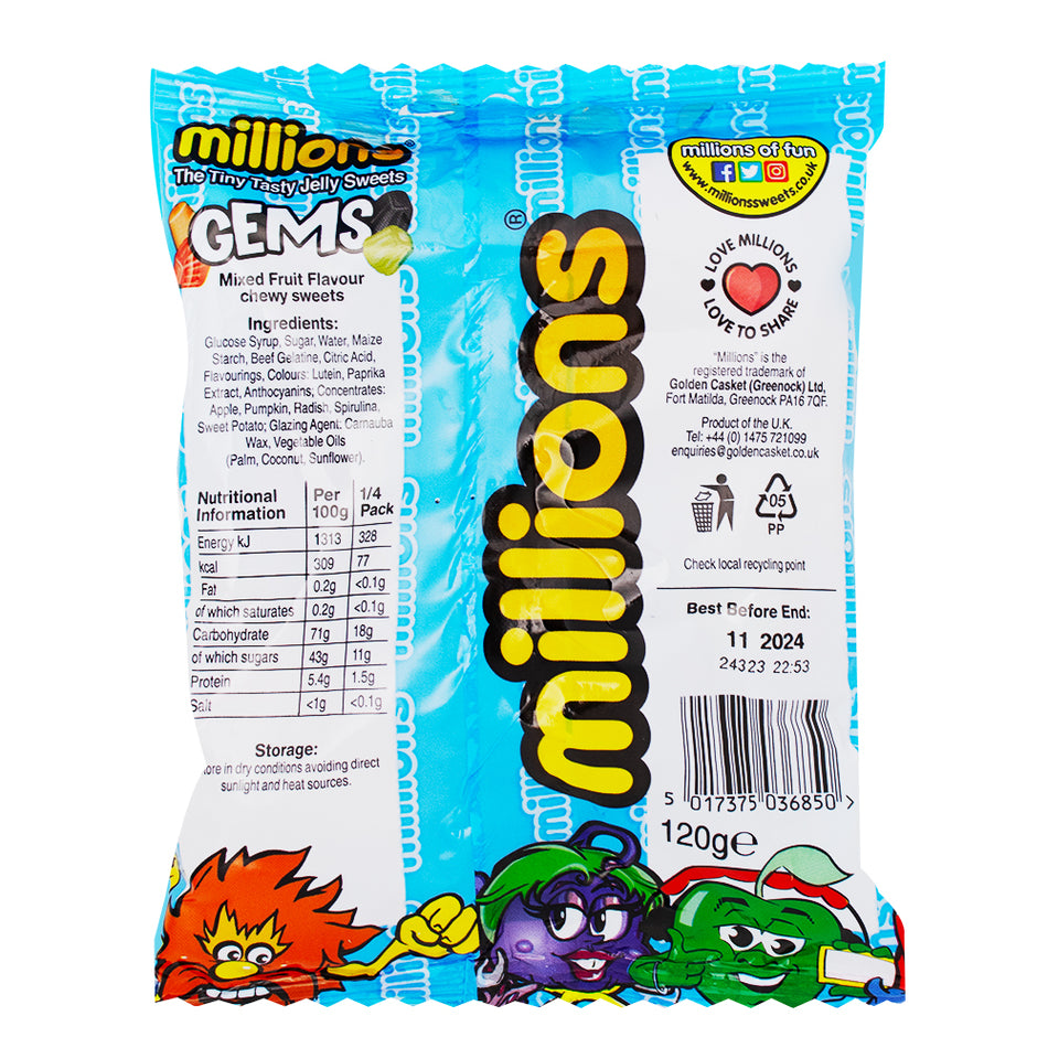 Millions Gems - 120g Nutrition Facts Ingredients - Millions Candy - Millions Sweets - Millions - Millions Gems - British Candy - British Chocolate - UK Chocolate - UK Candy