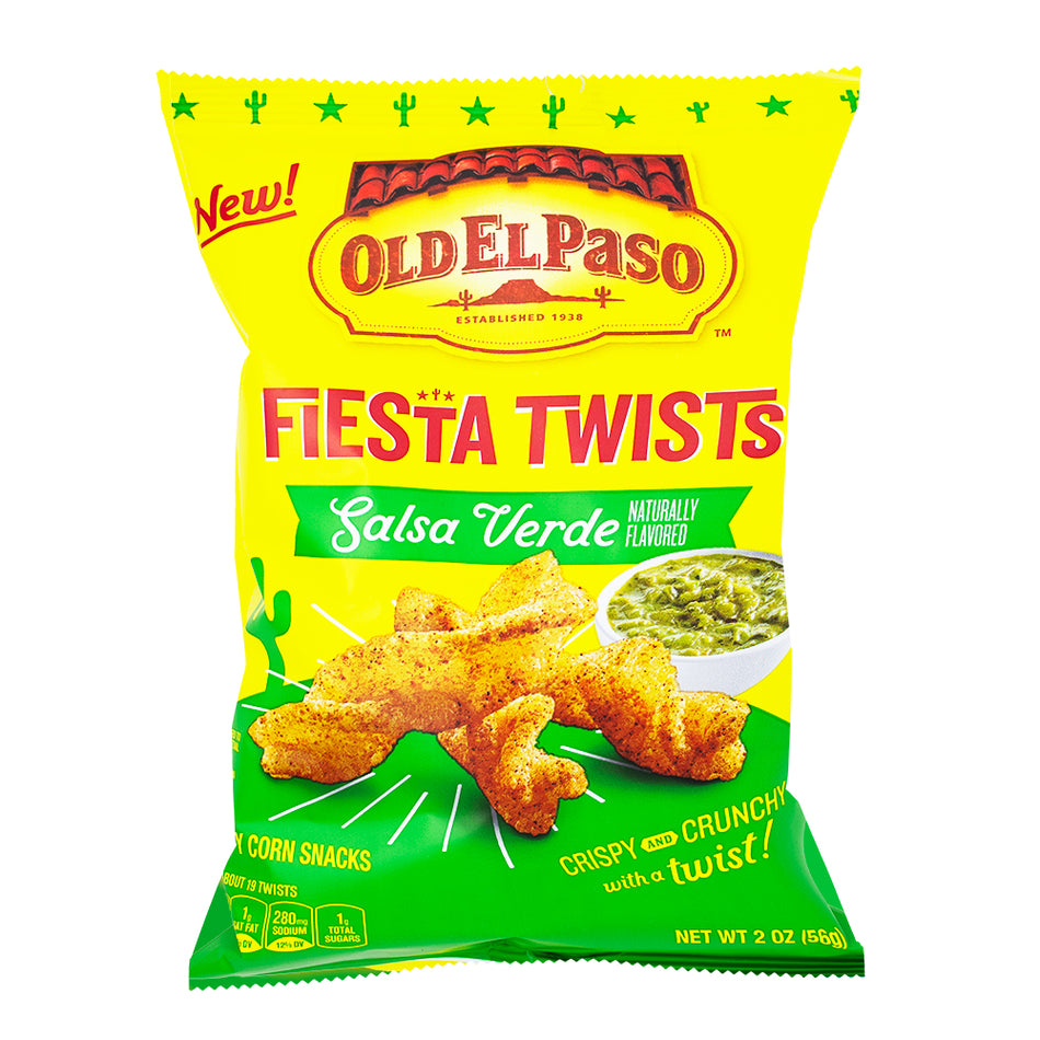 Old El Paso Fiesta Twists Salsa Verde - 2oz - Old El Paso Fiesta Twists Salsa Verde - Salsa Verde corn snacks - Mexican-inspired twists - Bold and tangy twists - Zesty corn snack - Crunchy Salsa Verde bites - Flavourful Fiesta Twists - Snack with a Mexican kick - Satisfying spicy twists - Salsa Verde snack experience