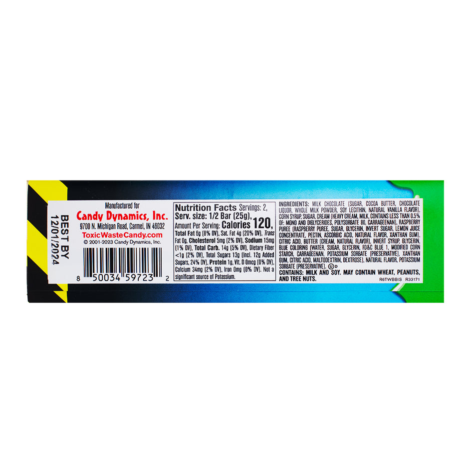 Toxic Waste Slime Licker Chocolate Bar Blue Razz - 1.75oz Nutrition Facts Ingredients - Toxic Waste - Toxic Waste Candy - Slime Licker - Chocolate - Toxic Waste Slime Licker Chocolate Bar Blue Razz - Blue Razz Candy - Sour Candy