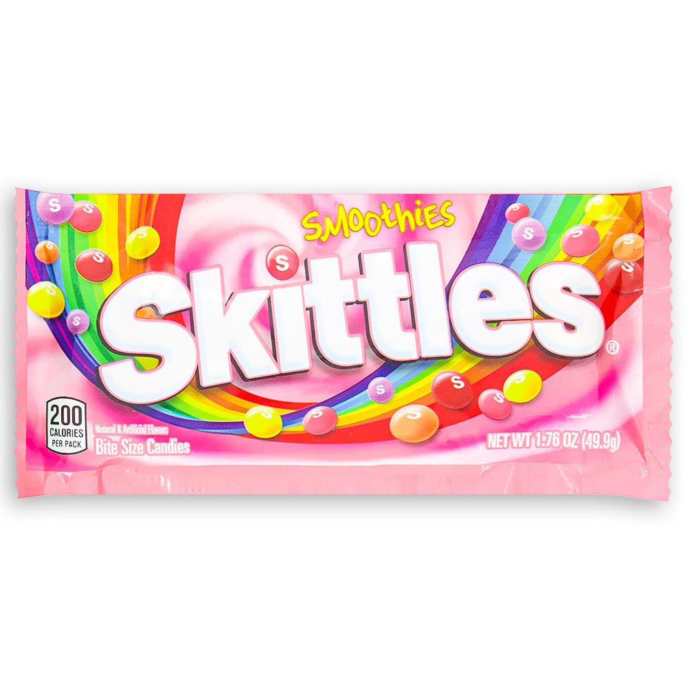 Skittles Smoothies 1.76oz Front - Skittles Smoothies - Fruit candy blend - Creamy fruit flavours - Tropical candy assortment - Chewy fruit sweets - Colouful candy treats - Smooth texture - Fruity candy mix - Snack-sized indulgence - Candy with creamy centers
