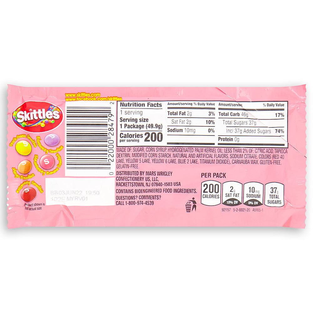 Skittles Smoothies 1.76oz Back Ingredients - Skittles Smoothies - Fruit candy blend - Creamy fruit flavours - Tropical candy assortment - Chewy fruit sweets - Colouful candy treats - Smooth texture - Fruity candy mix - Snack-sized indulgence - Candy with creamy centers