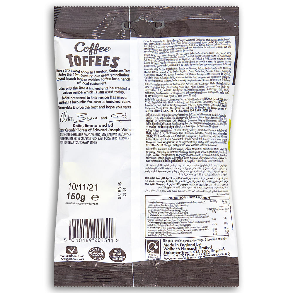 Walkers Arabica Coffee Toffee 150g Back Ingredients
