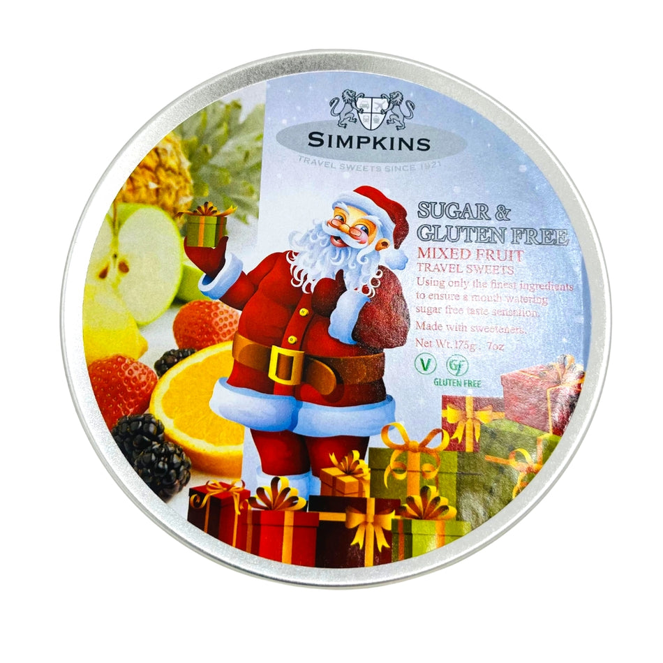 Simpkins Sugar Free Mixed Fruit Travel Sweets Festive Tin Top View - 175g - Gluten Free - Gluten Free Candy - Sugar Free - Sugar Free Candy - Simpkins - Simpkins Candy