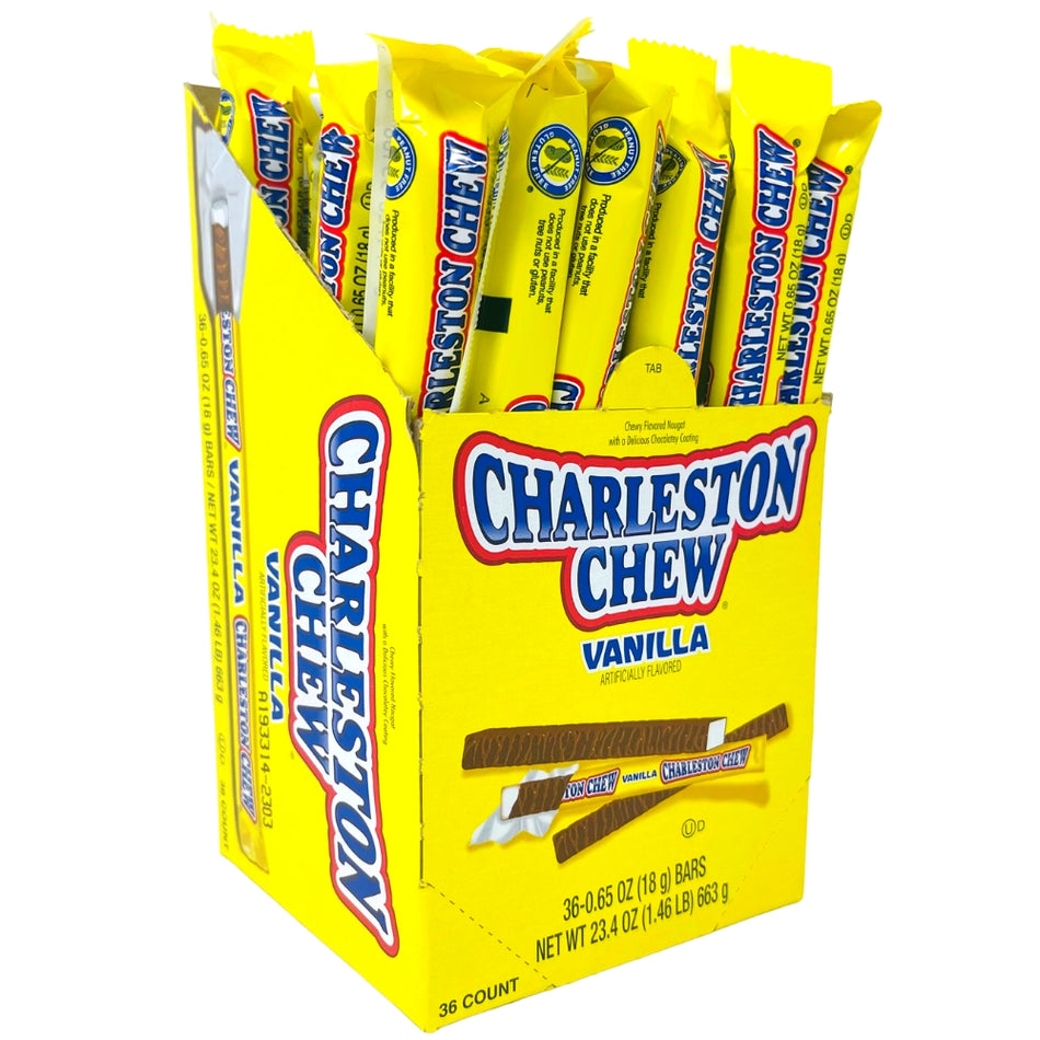 Charleston Chew Vanilla Lines 36ct - Opened Box - Charleston Chew Vanilla Lines, Chewy nougat candy, Vanilla-flavoured candy strips, Rich chocolate coating, Nostalgic candy experience, Classic vanilla chew, Indulgent candy treat, Fun twist on candy classics, Chewy and delicious, Vanilla joy in every bite - Charleston Chew - Nougat Candy - Nougat Chocolate