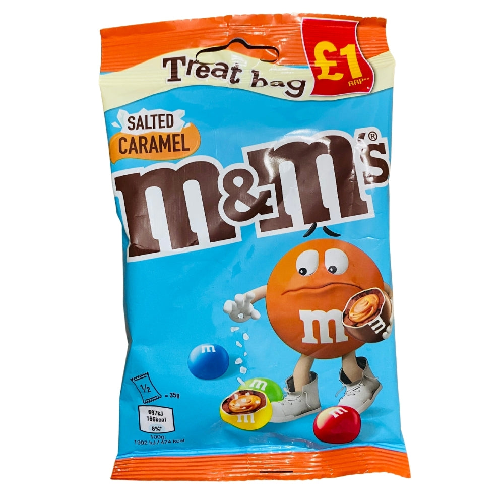 Packet of salted caramel M&Ms sweets candies opened with contents