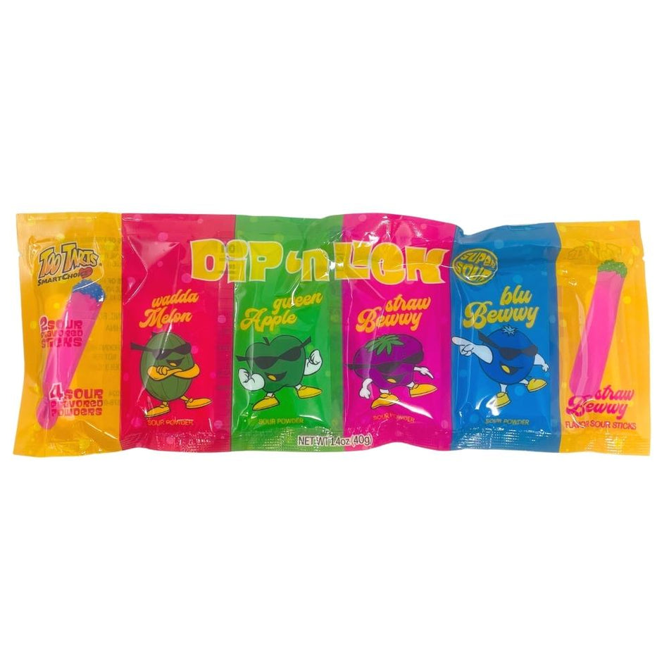 Too Tarts Dip N Lick Super Sour - 1.4oz - Sour Candy - Tart Candy - Too Tarts - Dip N Lick - Lollipop Candy - Lollipop Dip Candy - Dip Powder - Powder Candy
