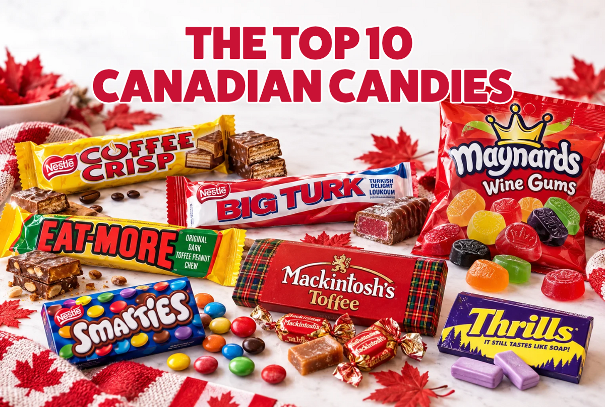 An assortment of iconic Canadian candy including Coffee Crisp, Big Turk, Eat-More and Smarties with maple leaf accents