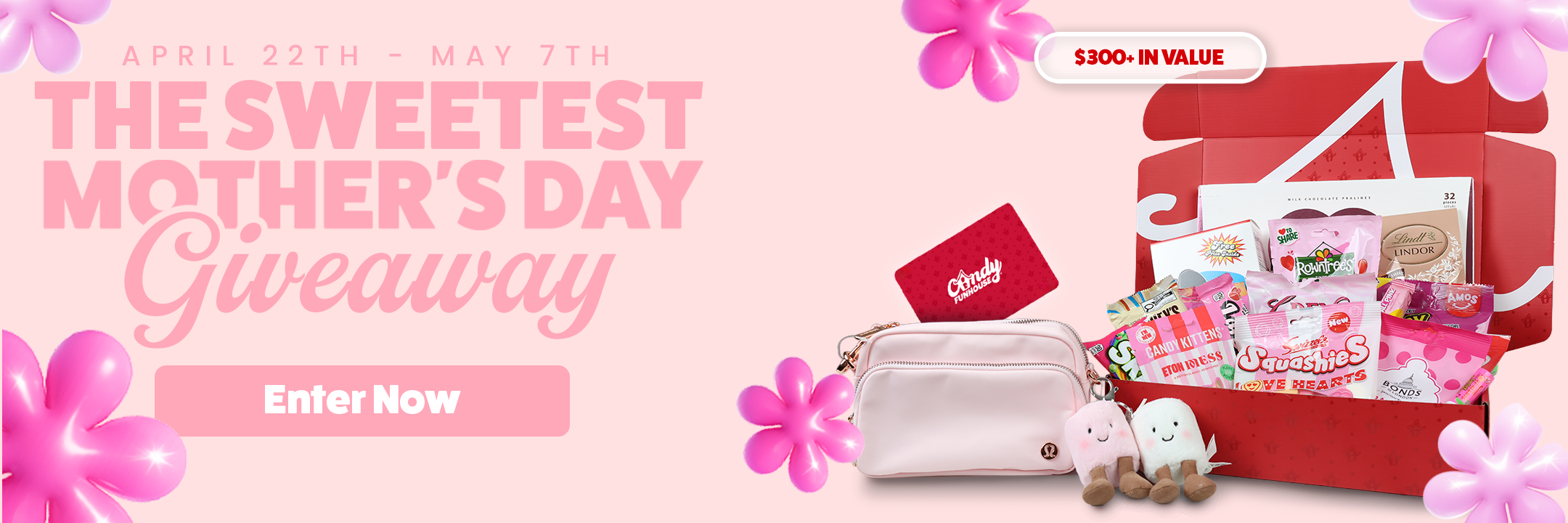Promotional banner for a Mother's Day giveaway with a gift box, card, and flowers on a pink background.