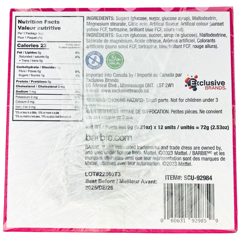 Barbie Candy Fan Nutrition Facts Ingredients- Candy Funhouse