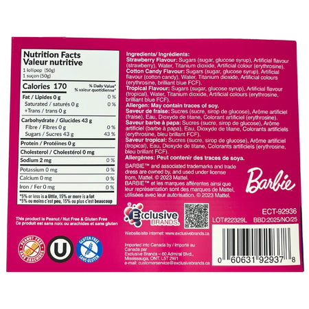 Barbie Wizzy Pop Straw Lollipop- Nutritional Facts -Ingredients-Candy Funhouse