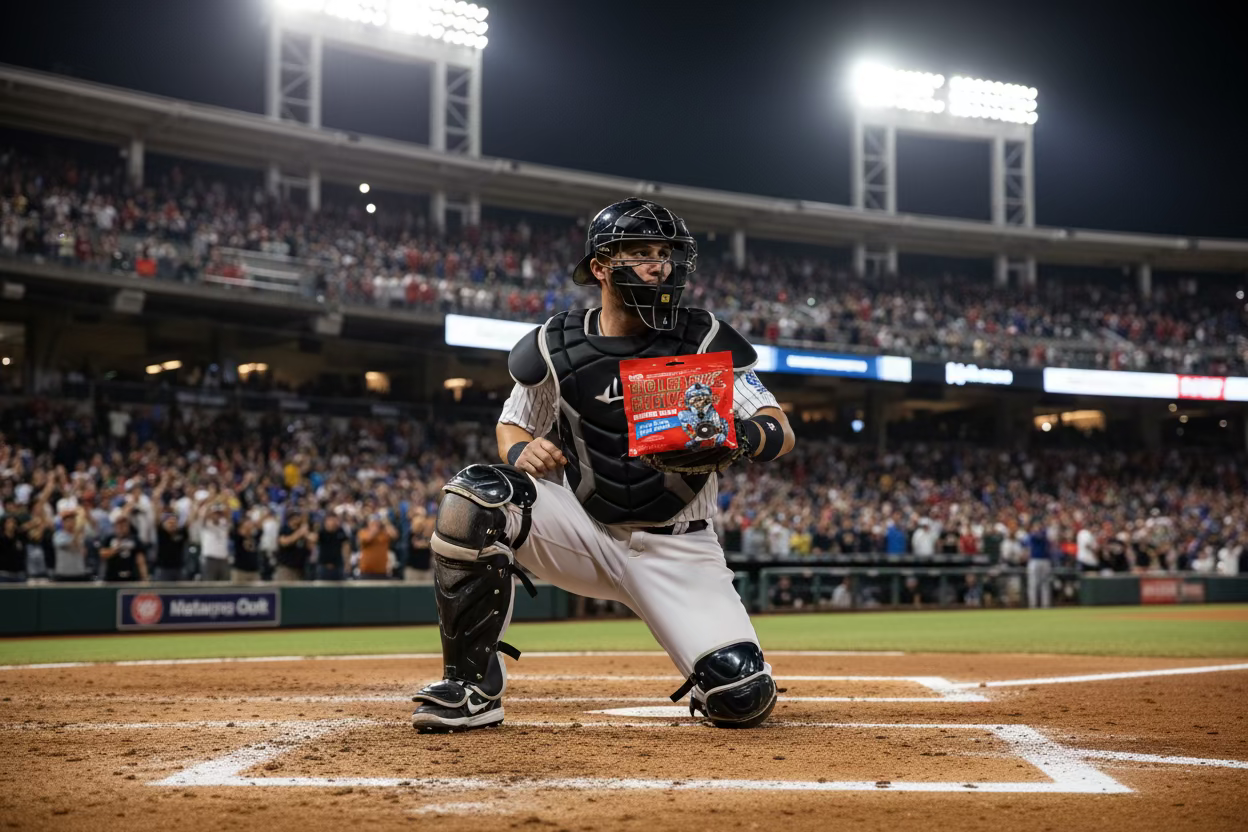 Big League Chew Fruit Punch Pouch - 2.12oz held by a catcher in a baseball stadium