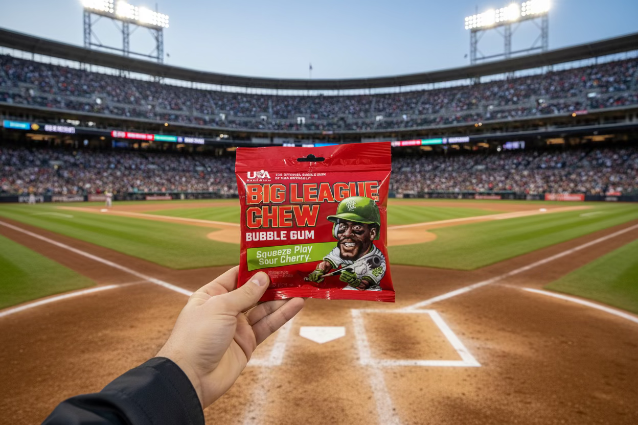Big League Chew Sour Cherry Pouch - 2.12oz In a Baseball Stadium with someone holding it at home plate