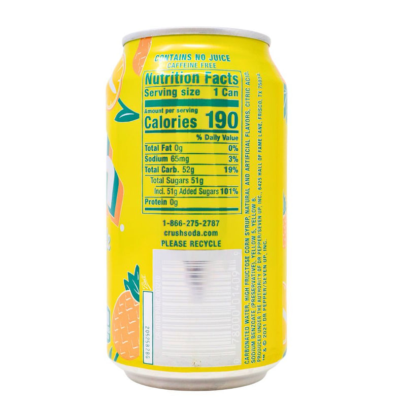 Crush Pineapple Soda - 355mL - Canadian Pop Nutrient Facts Ingredients