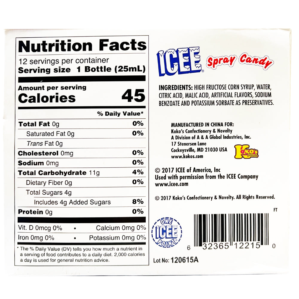 ICEE Spray Candy - 25mL Nutrition Facts Ingredients