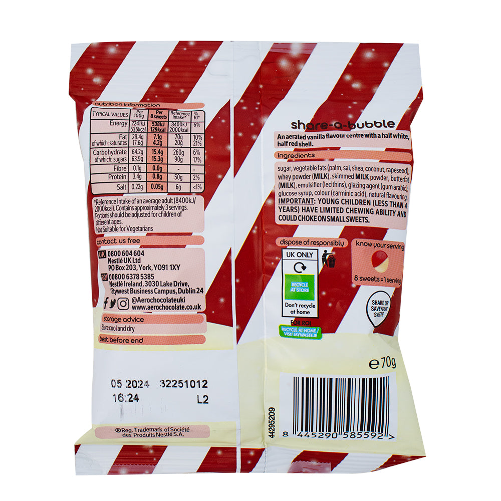 Nestle Aero Candy Cane Bubbles - 70g Nutrition Facts Ingredients - Nestle Aero Candy Cane Bubbles - Holiday chocolate - Festive candy - Mint chocolate bubbles - Seasonal treat - Christmas candy - Minty freshness - Chocolate bubbles - Festive flavours - Holiday snacking