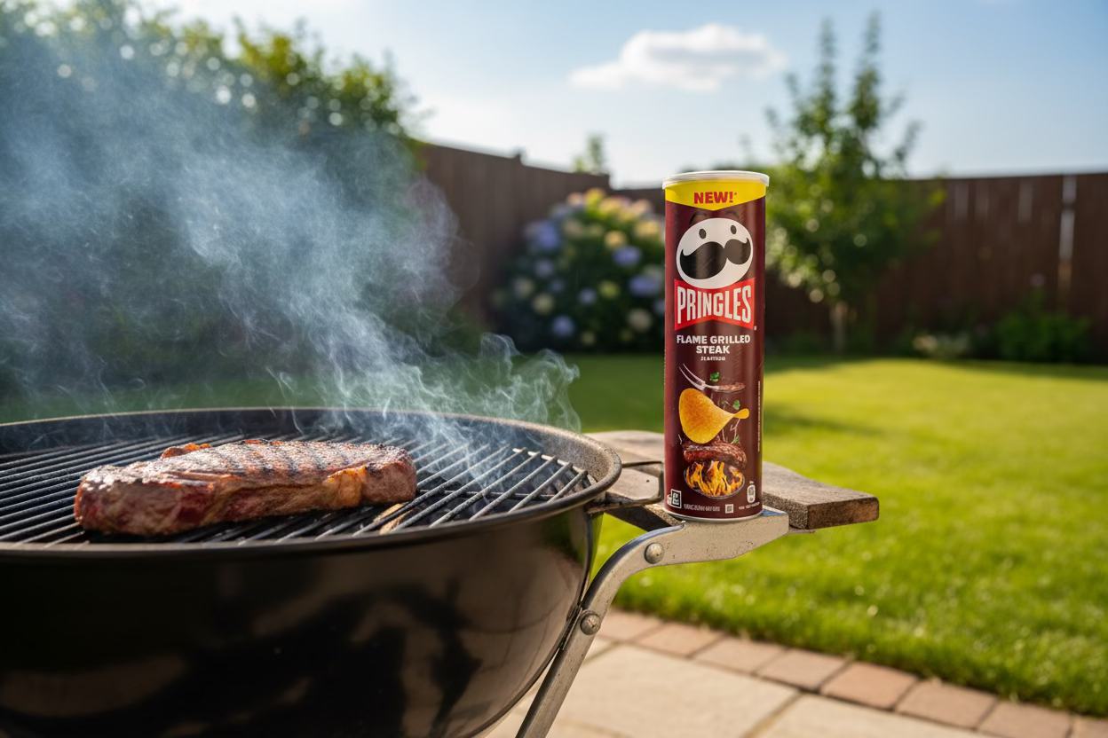 Pringles Flame Grilled Steak (UK) - 165g on a bbq in a backyard