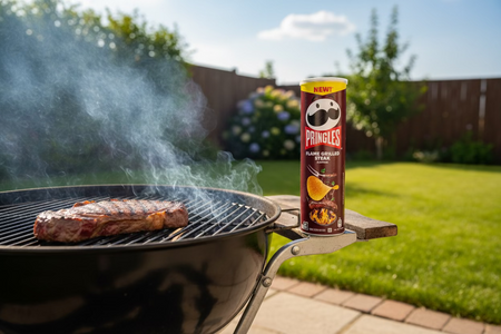 Pringles Flame Grilled Steak (UK) - 165g on a bbq in a backyard