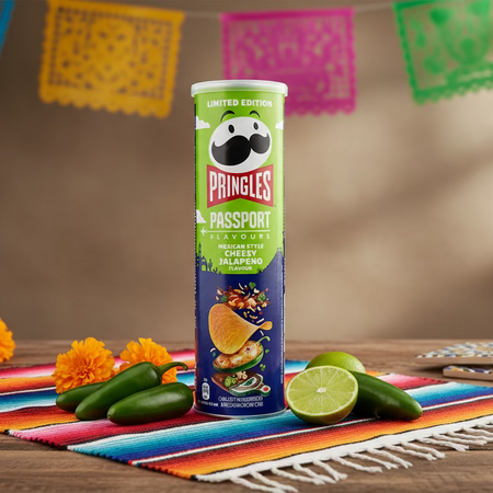 Pringles Passport Mexican Style Cheesy Jalapeno (UK) - 165g on table
