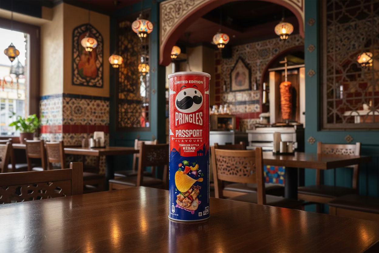 Pringles Passport Turkish Style Kebab (UK) - 165g in a Turkish kebab resteraunt on a table