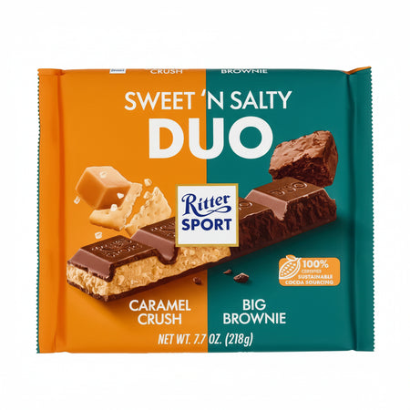 Ritter Sport Sweet 'N Salty Duo packaging with caramel crush and big brownie flavors on an orange and teal background.