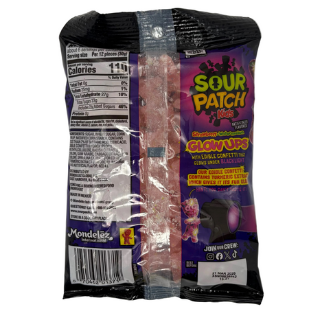 Sour Patch Kids Glow Ups candy Ingredients and nutrition facts package on a white background