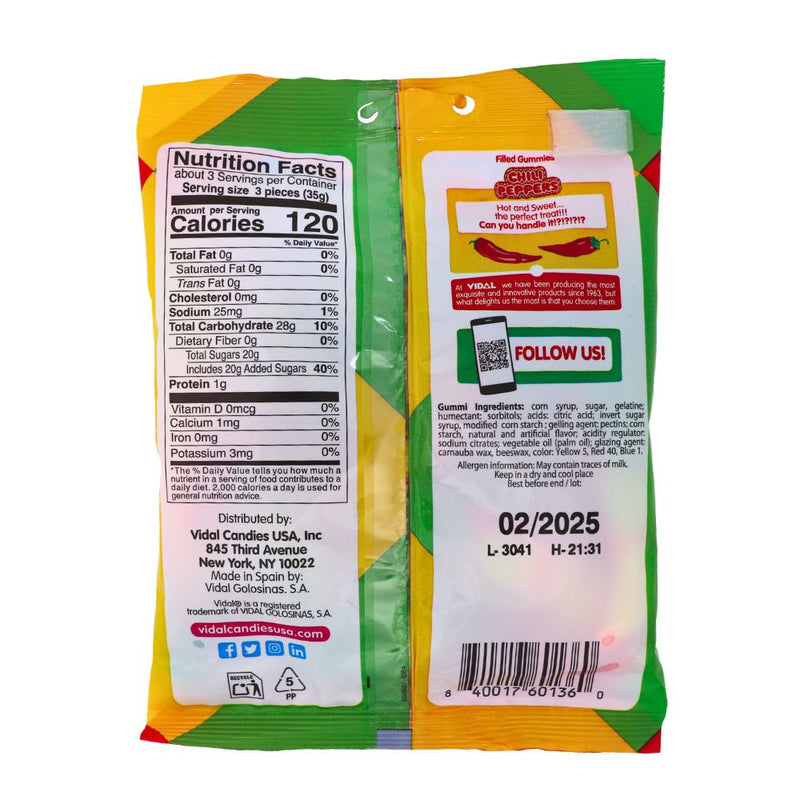 Vidal Spicy Chili Peppers Filled Gummies - 3.5oz Nutritional facts - Ingredients - Candy Funhouse