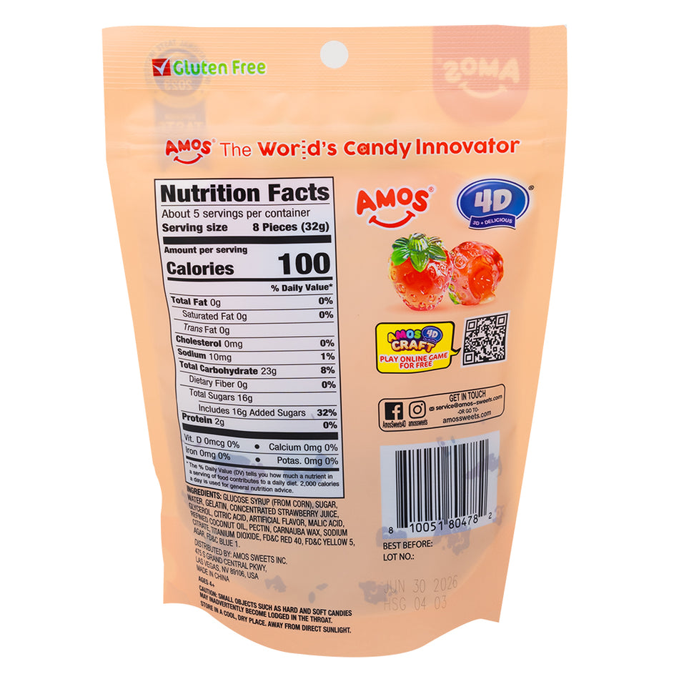 Amos 4D Fruit Gummy Strawberry Burst - 6oz  Nutrition Facts Ingredients - Amos - Amos Candy - Strawberry Gummy - Fruit Gummy