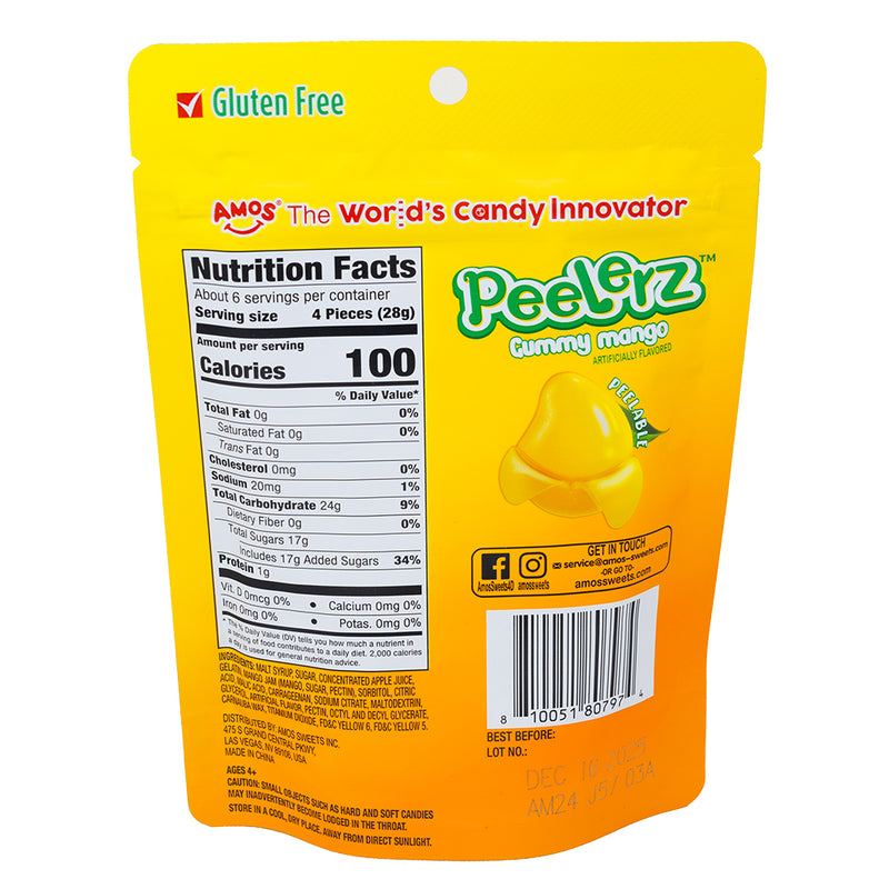 Amos Peelerz Gummy Mango - 6oz  Nutrition Facts Ingredients - Amos - Amos Candy - Peelerz - Peelerz Candy - Amos Peelerz - Peelerz Mango - Mango Gummy - Mango Candy