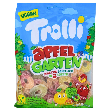 Trolli Apple Garden - 150g (Germany) - Trolli Apple Garden - Sour apple candy - German candy - Tangy apple treats - Juicy apple flavour - Mouth-puckering candies - Sour candy assortment - Delicious Trolli candy - Fruity sour candies - Apple candy from Germany