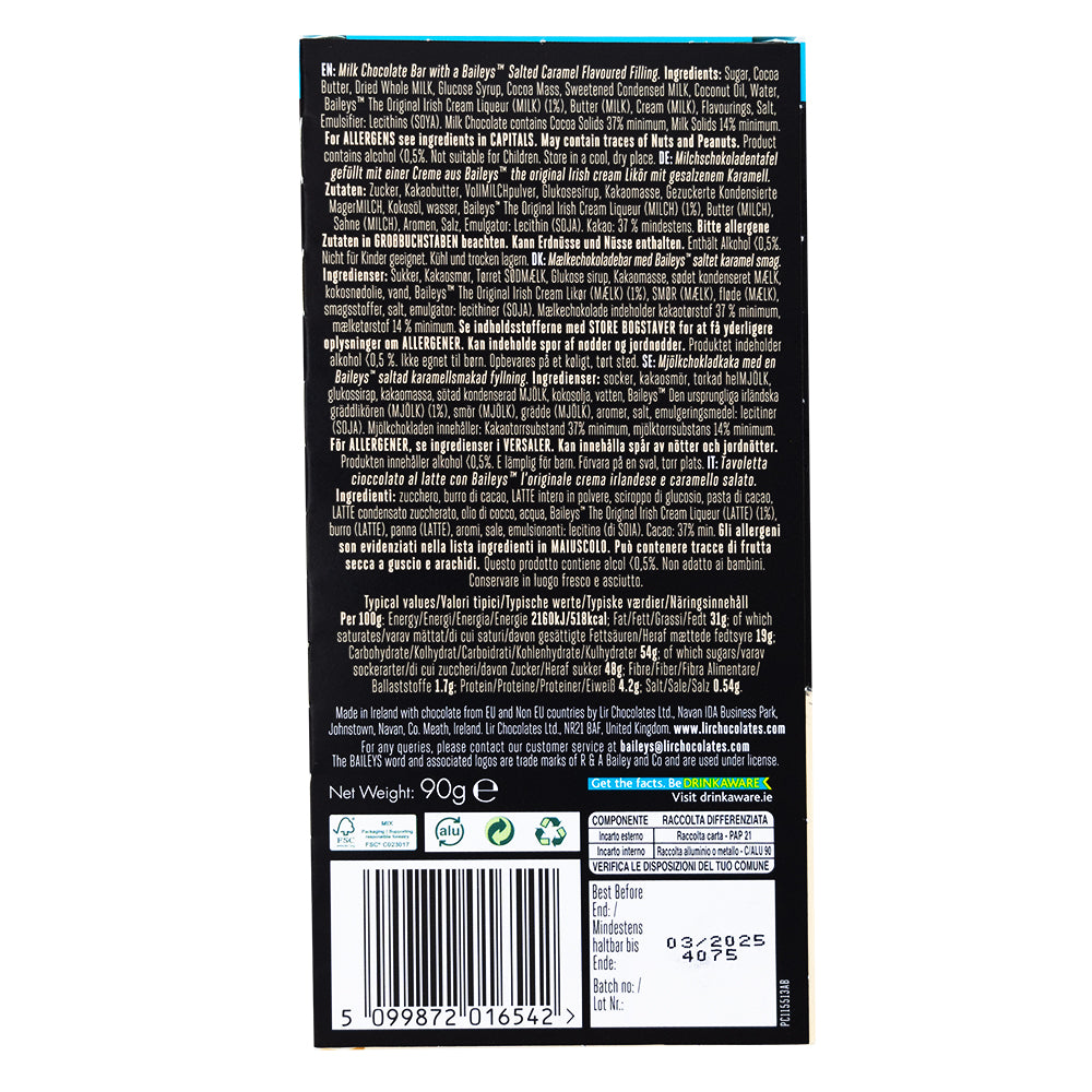 Baileys Salted Caramel Truffle Bar UK - 90g  Nutrition Facts Ingredients
