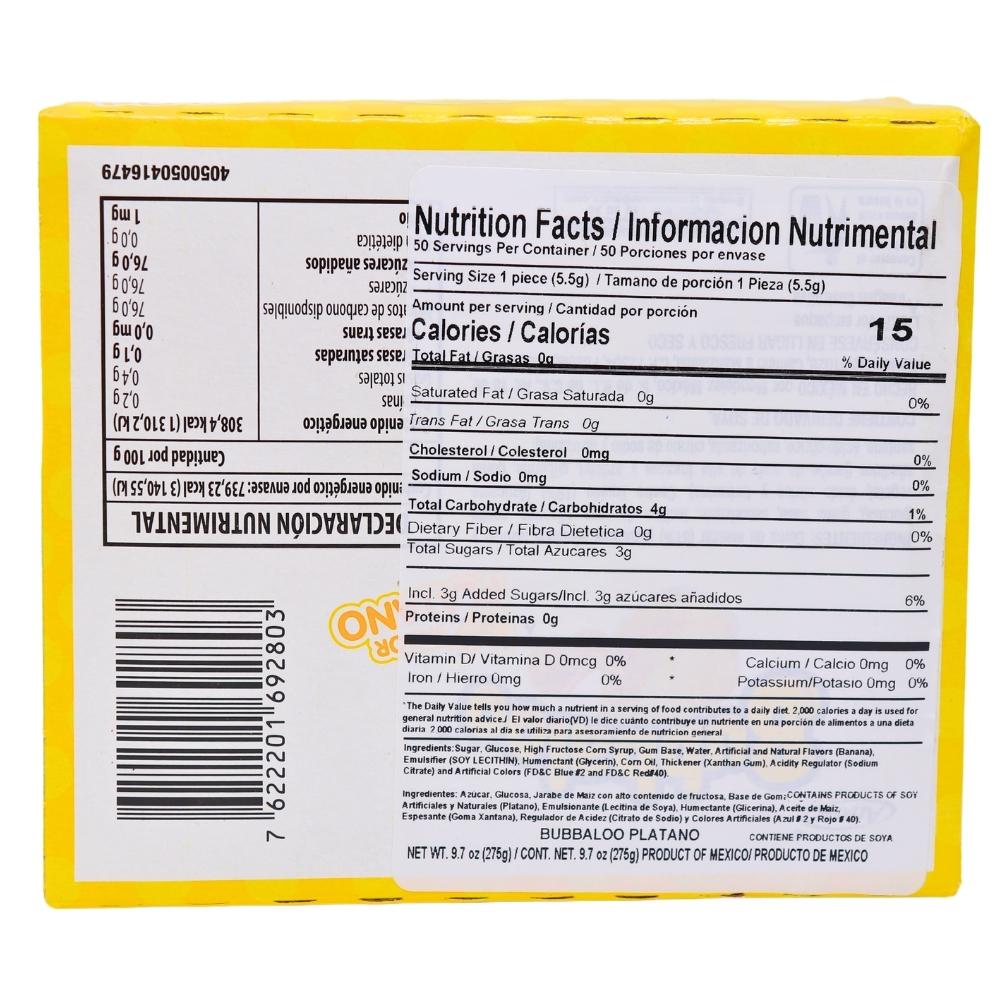 Bubbaloo Platano (Banana) Liquid Filled Bubblegum - 47ct Box Nutrition Facts Ingredients