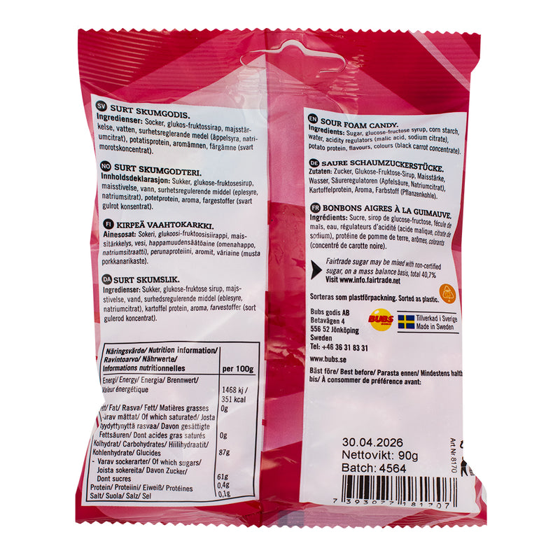 Bubs Cool Raspberry Foam Skulls - 90g  Nutrition Facts Ingredients