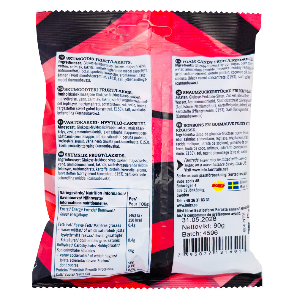 Bubs Raspberry Licorice Foam Skulls (Sweden) - 90g Nutrition Facts Ingredients