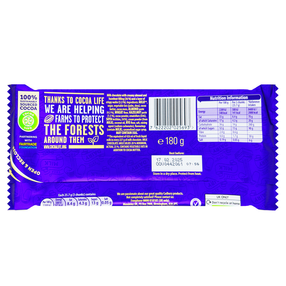 Cadbury Dairy Milk & More Nutty Praline Crisp - 180g   Nutrition Facts Ingredients - Cadbury - Cadbury Chocolate - UK Chocolate - British Chocolate - Milk Chocolate