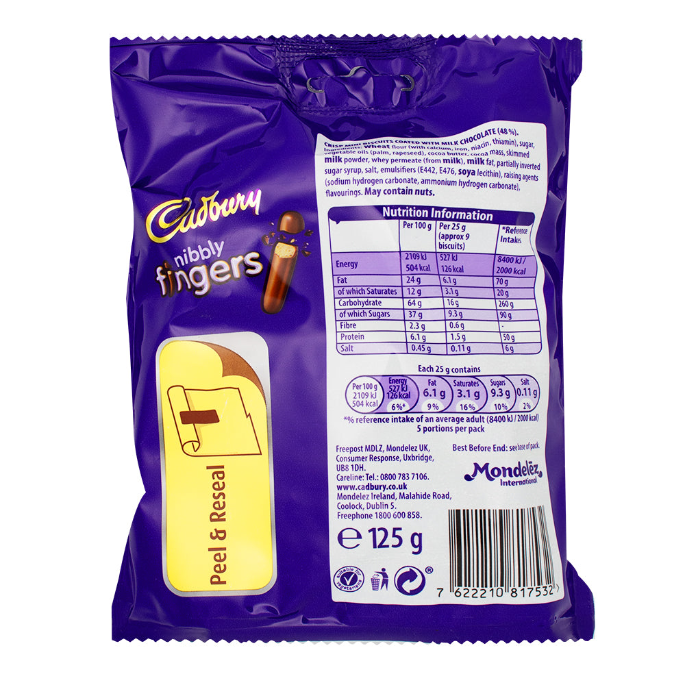 Cadbury Nibbly Fingers (UK) - 125g  Nutrition Facts Ingredients - Cadbury - Cadbury Chocolate - Cadbury Nibbly Fingers - Cadbury Fingers - UK Chocolate - British Chocolate