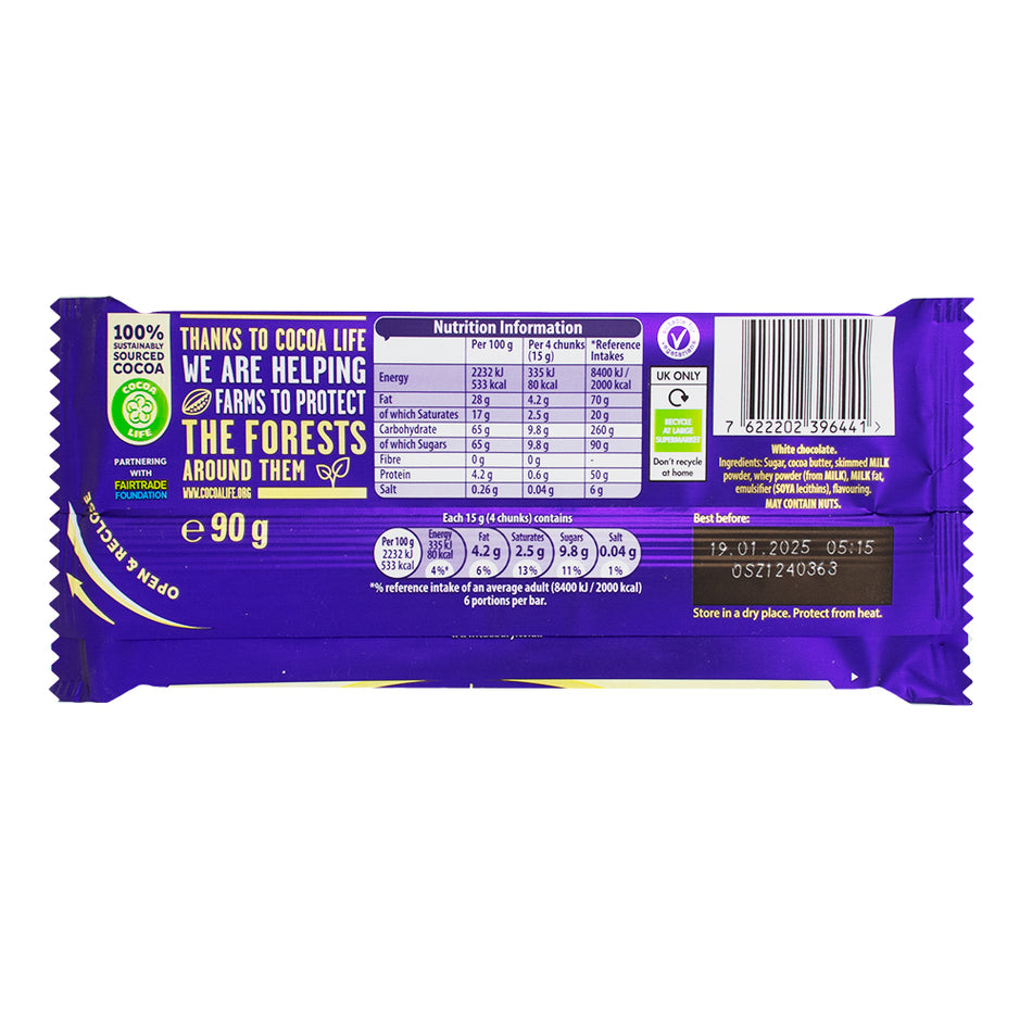 Cadbury White Chocolate Block UK - 90g  Nutrition Facts Ingredients